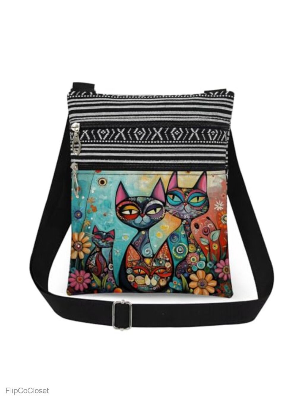 Polyester Cat Crossbody Bag Adjustable Strap Double Layer Zipper